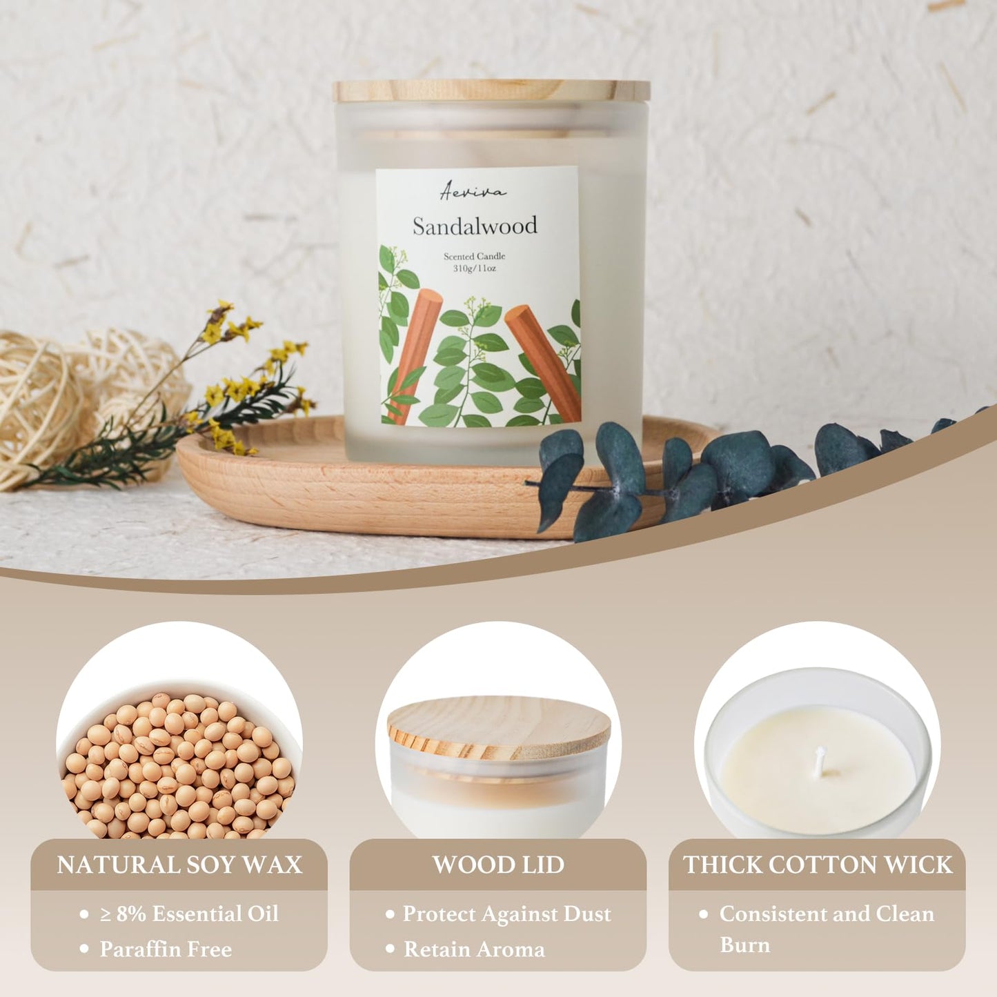 Aeviva Sandalwood Scented Candle - 11oz, 50-60h Burn, Natural Soy Wax