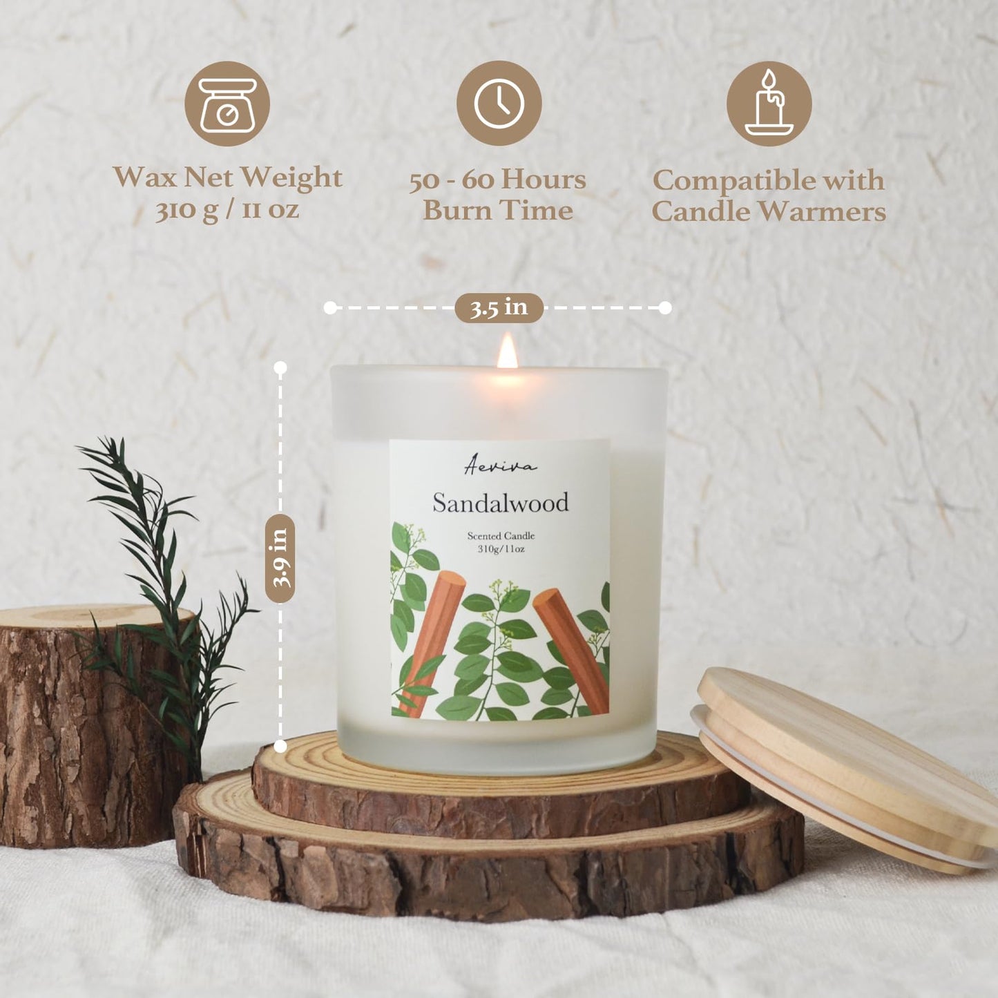 Aeviva Sandalwood Scented Candle - 11oz, 50-60h Burn, Natural Soy Wax