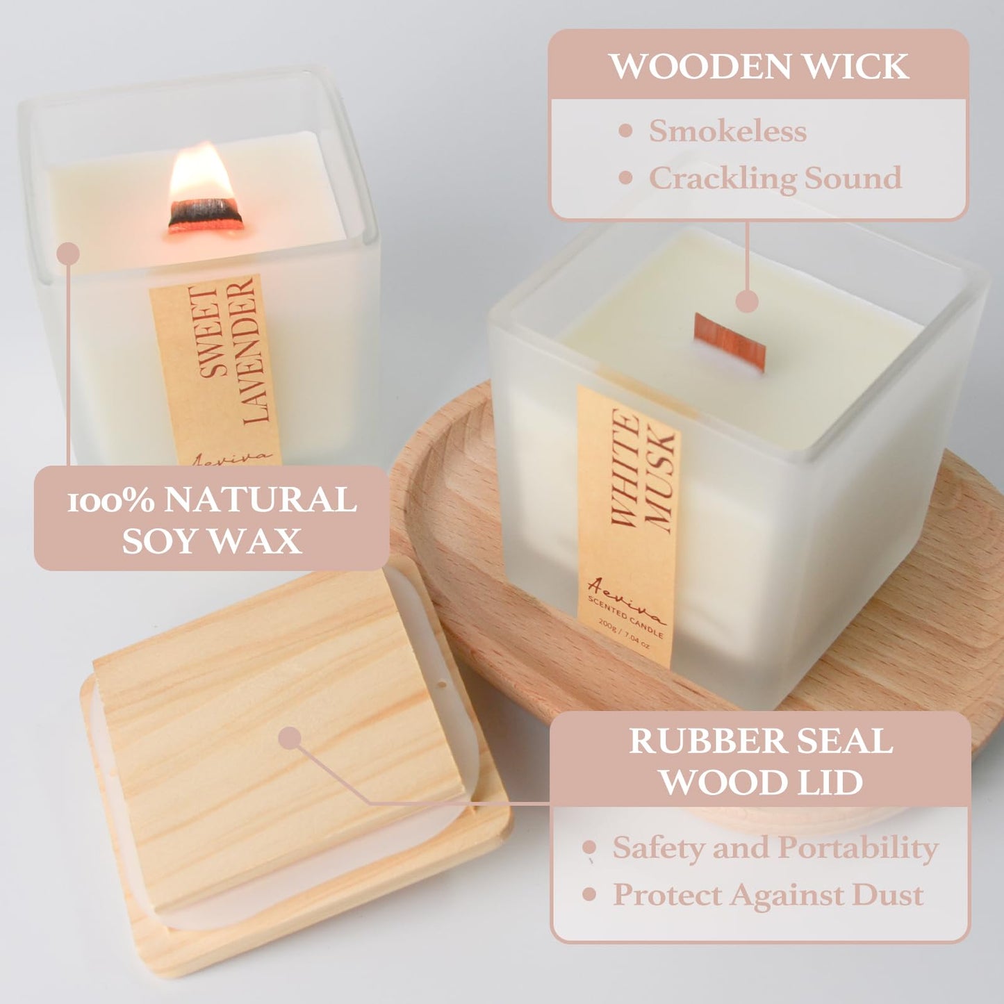 Aeviva White Musk Scented Candle – 7.04 oz Soy Wax, Wooden Wick