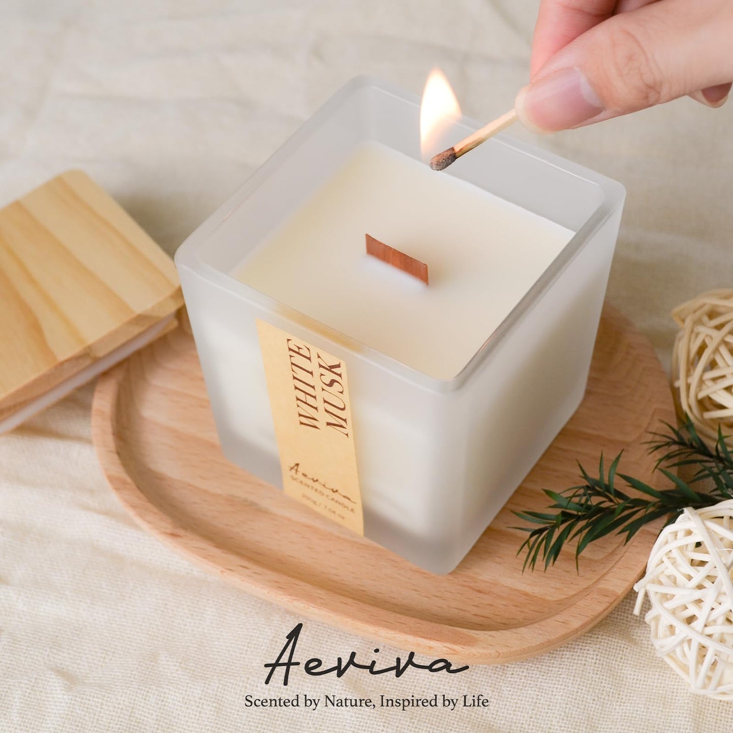 Aeviva White Musk Scented Candle – 7.04 oz Soy Wax, Wooden Wick