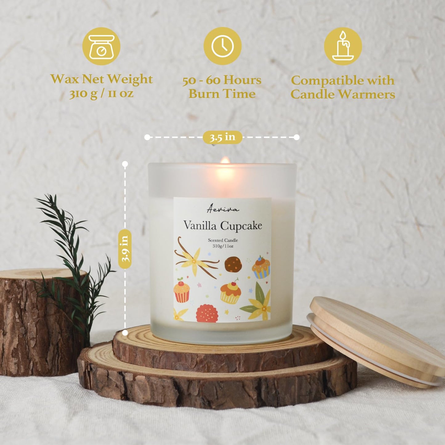 Aeviva Vanilla Cupcake Scented Candle - 11oz, 60 Hour Burn, Natural Soy Wax | Aromatherapy Gift