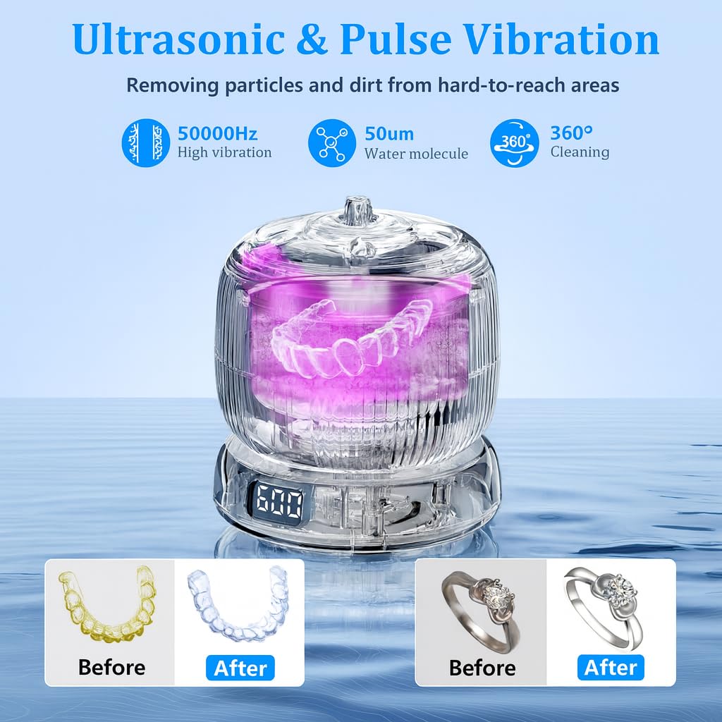 50kHz Ultrasonic Retainer Cleaner – Travel & Home, Portable Denture Cleaner