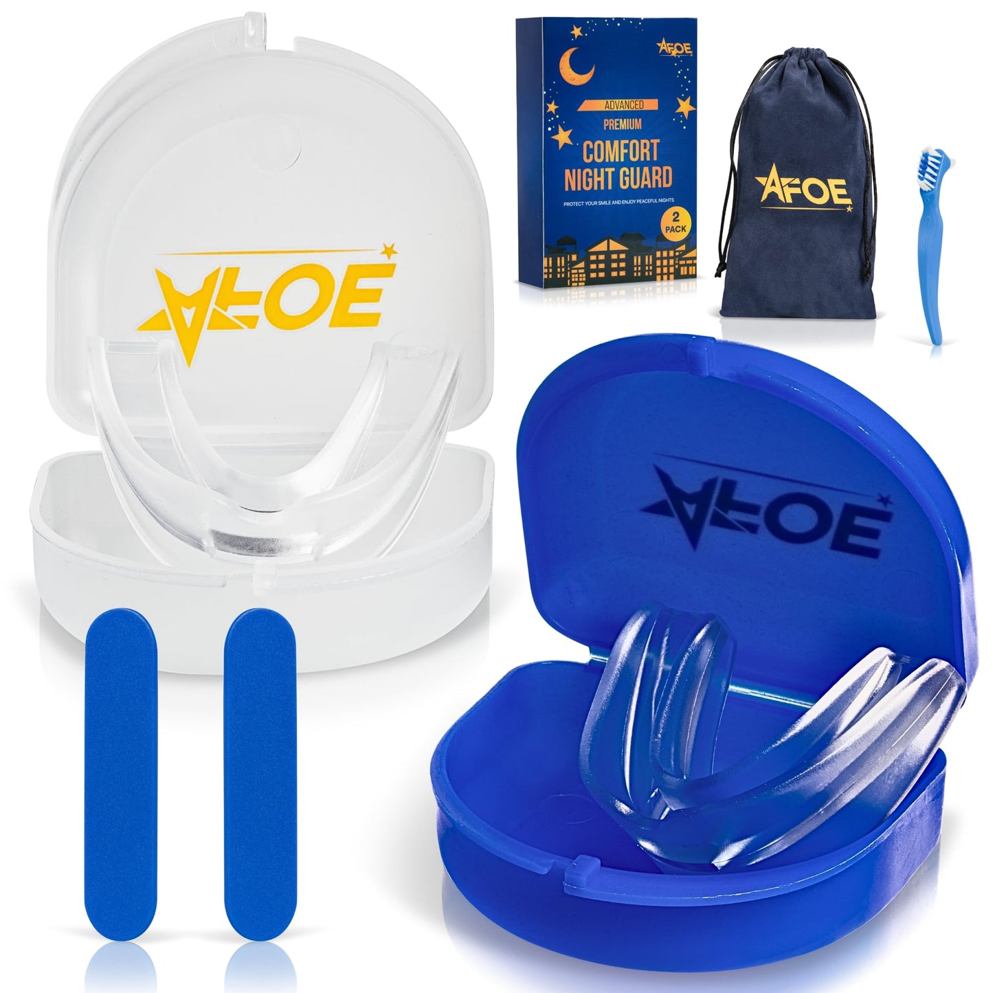 2-Pack Dual-Mold Bruxism Night Guards – Clear & Blue, TMJ Relief | BPA & Latex-Free | AFOE