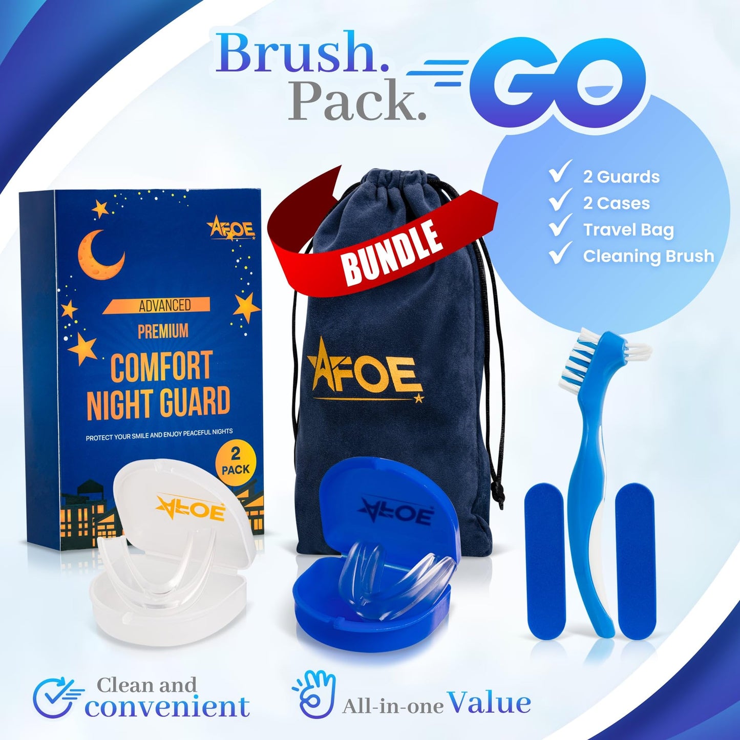 2-Pack Dual-Mold Bruxism Night Guards – Clear & Blue, TMJ Relief | BPA & Latex-Free | AFOE
