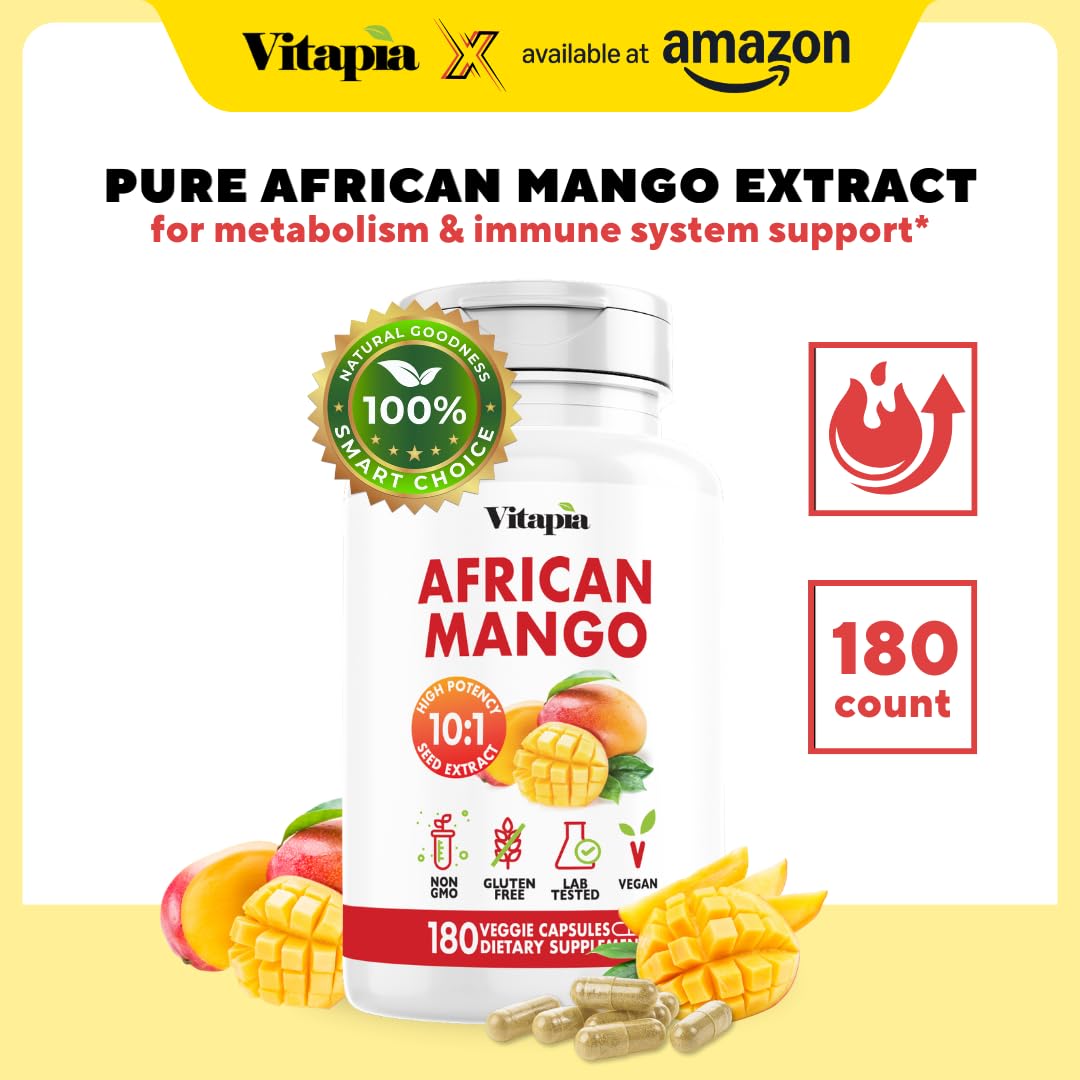 African Mango Capsules for Immune Support, Metabolism & Wellness - Pure 10:1 Irvingia Gabonensis Extract, 180 Veggie Capsules (Non-GMO, Gluten-Free, Vegan)