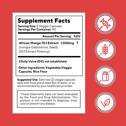 African Mango Capsules for Immune Support, Metabolism & Wellness - Pure 10:1 Irvingia Gabonensis Extract, 180 Veggie Capsules (Non-GMO, Gluten-Free, Vegan)