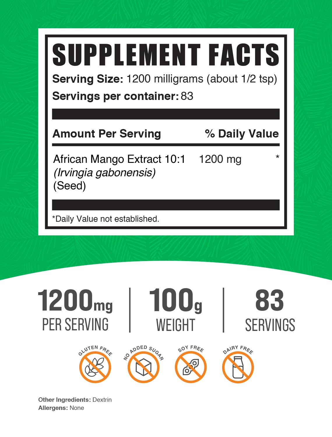 African Mango Extract Powder (Irvingia Gabonensis) – Gluten Free, 100g | BulkSupplements