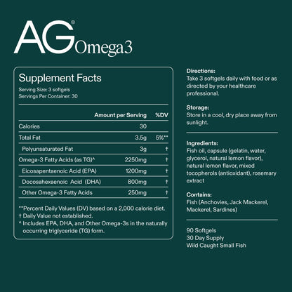 AG1 Omega3 Fish Oil Softgels – 2000mg EPA & DHA from Wild-Caught Fish | 90 Capsules | Athletic Greens