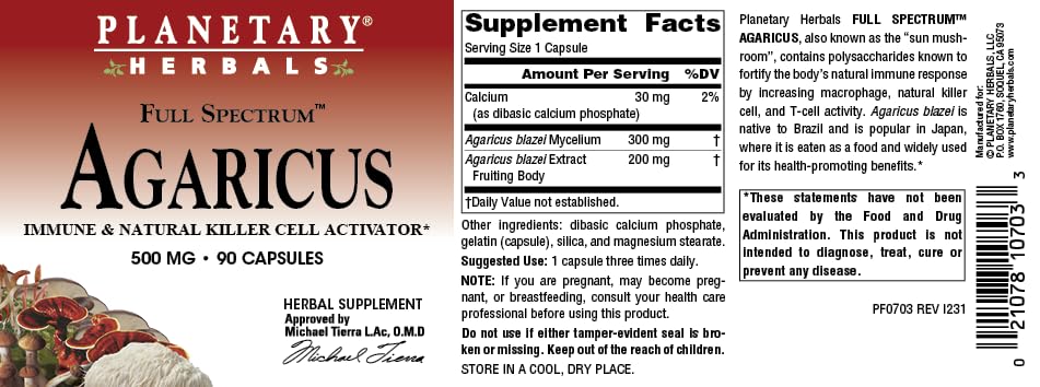 Planetary Herbals Agaricus Full Spectrum 500mg – Immune Support, NK Activation, 90 Caps