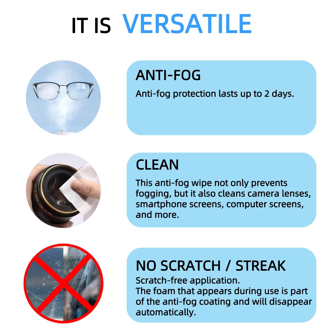 ageantscom Anti Fog Wipes for Glasses (100-Pack) – Pre-Moistened, Quick-Dry, Streak-Free