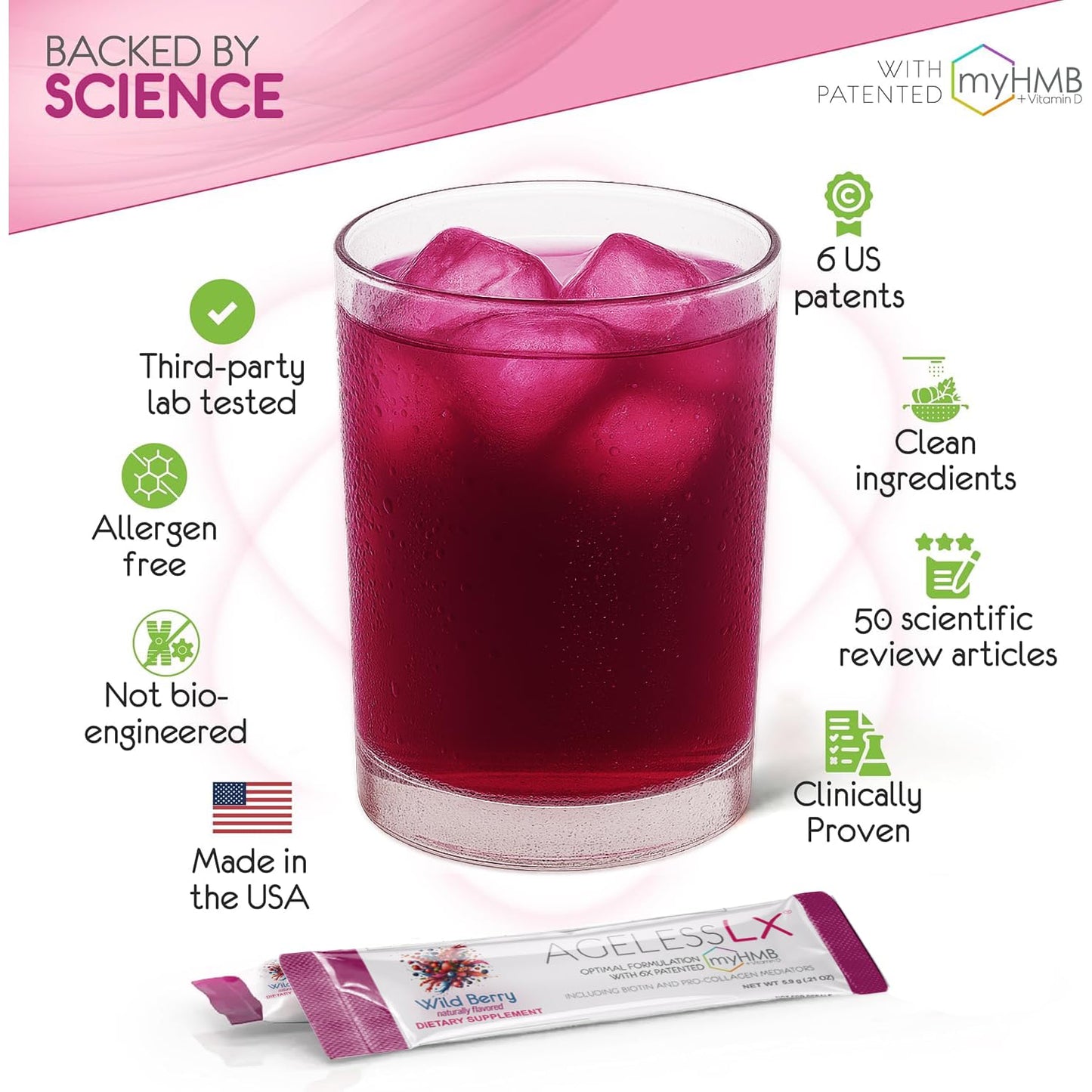 AgelessLX Wild Berry Powder for Women – HMB, D3/K2, Biotin, Horsetail, 30 Packets