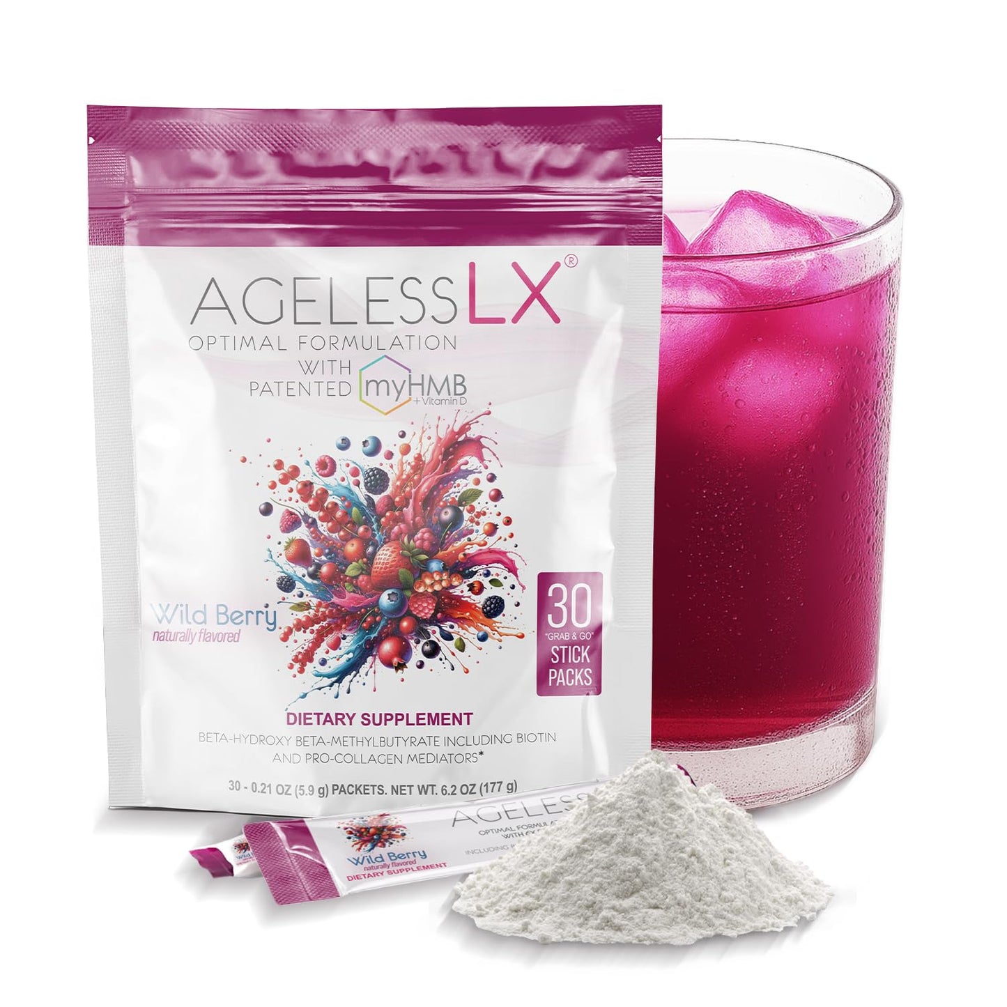AgelessLX Wild Berry Powder for Women – HMB, D3/K2, Biotin, Horsetail, 30 Packets