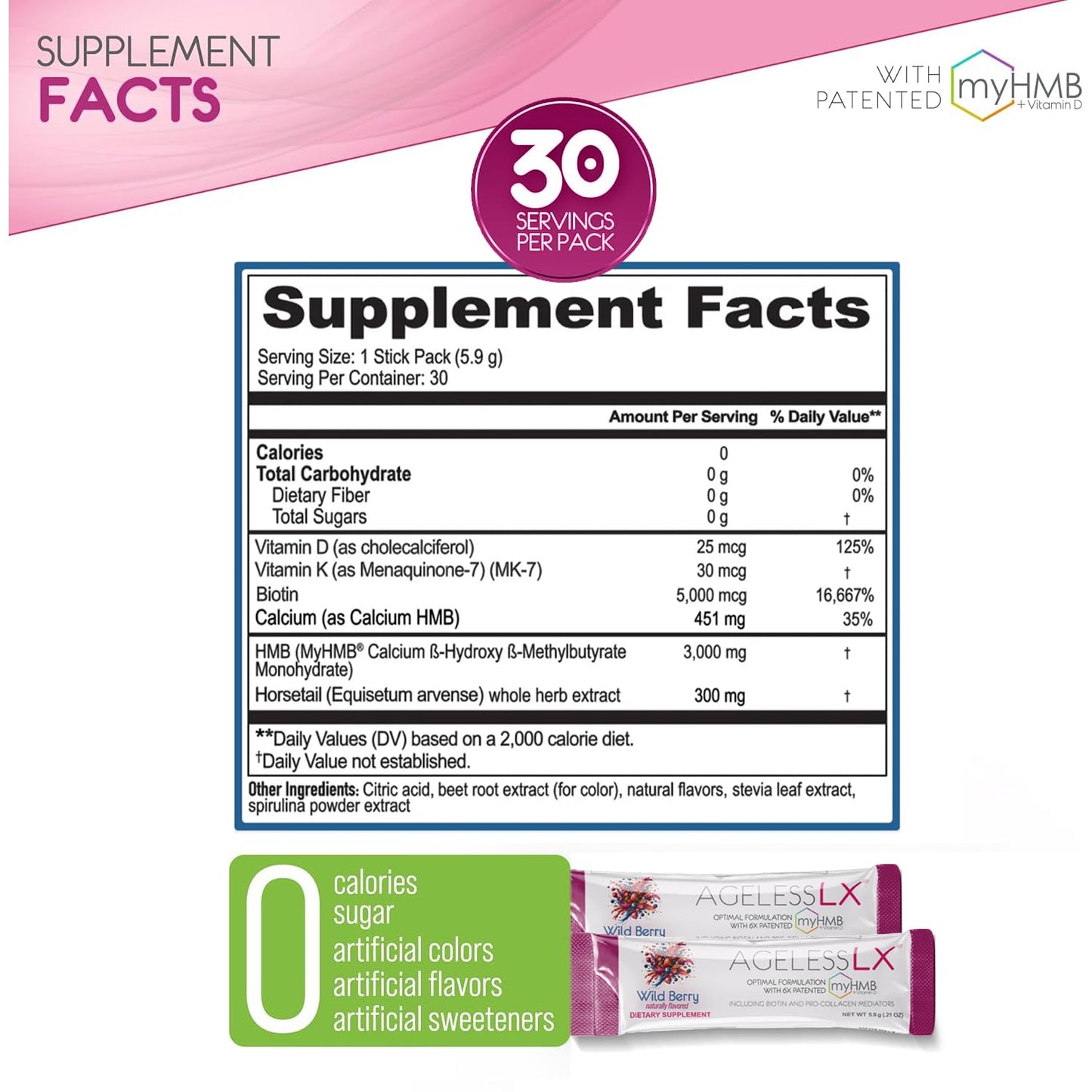 AgelessLX Wild Berry Powder for Women – HMB, D3/K2, Biotin, Horsetail, 30 Packets