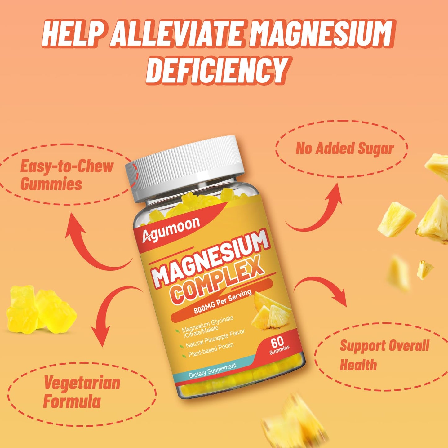 Agumoon Magnesium Gummies 800mg with Zinc & B Vitamins – Pineapple, 120 Count | Non-GMO, Gluten-Free