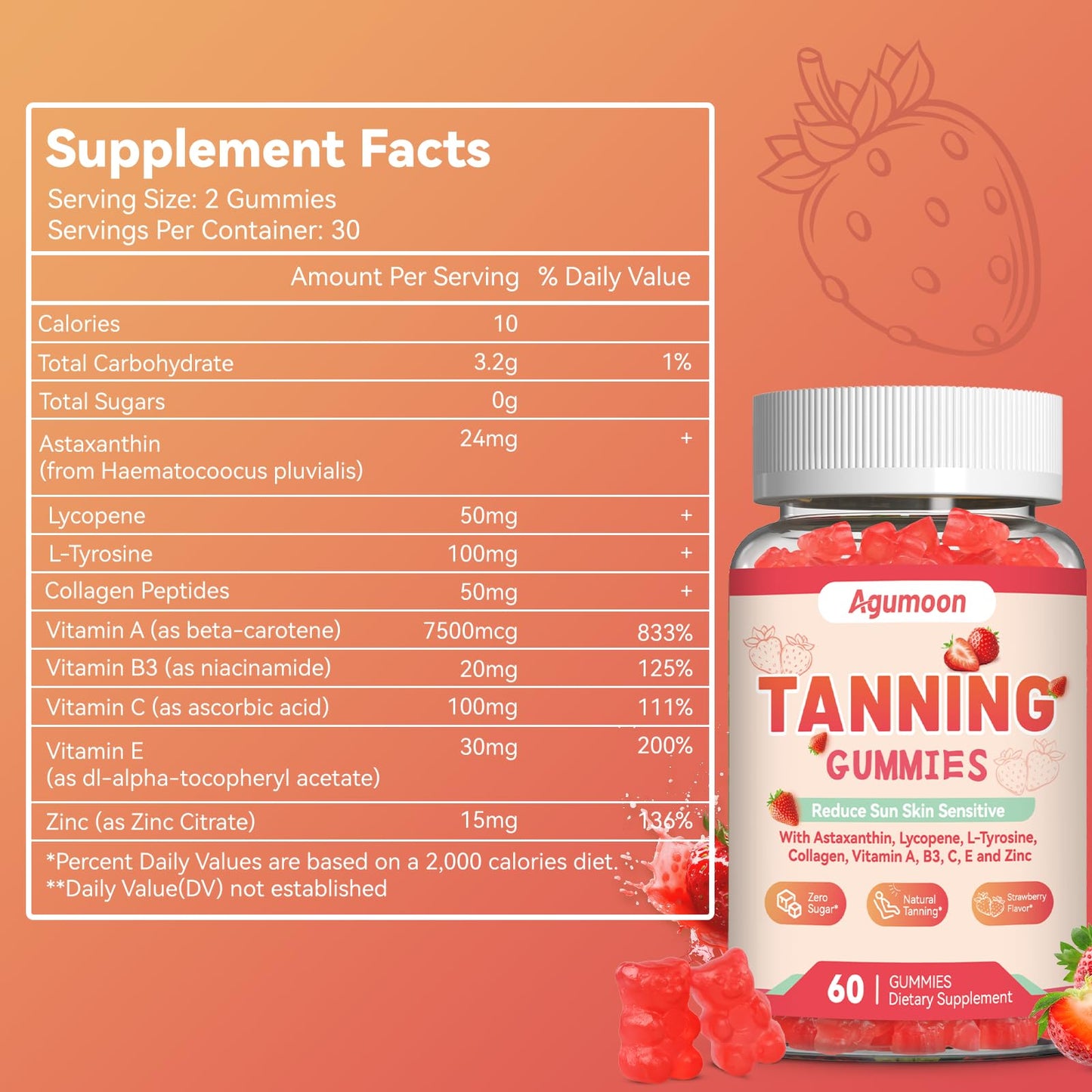 Agumoon Tanning Gummies for Women & Men | Self Tan Supplement with Beta Carotene, Lycopene & Astaxanthin – Vegan 120 Gummies