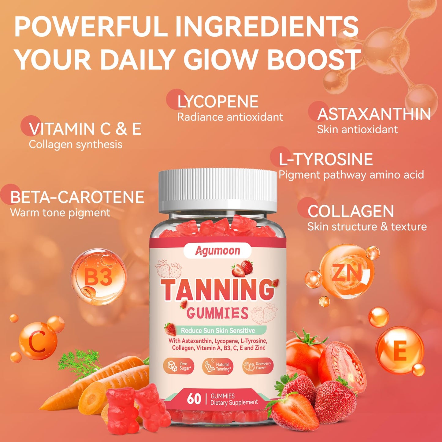 Agumoon Tanning Gummies for Women & Men | Self Tan Supplement with Beta Carotene, Lycopene & Astaxanthin – Vegan 120 Gummies