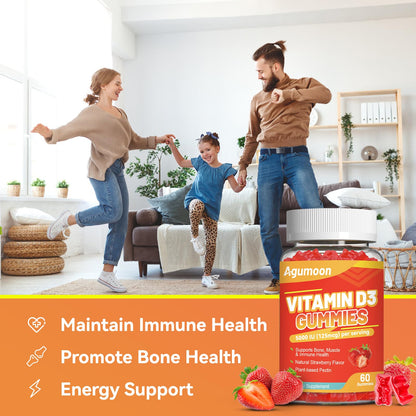 Agumoon Vitamin D3 5000 IU Gummies – Immune, Bone & Muscle Support | 60 Count Strawberry