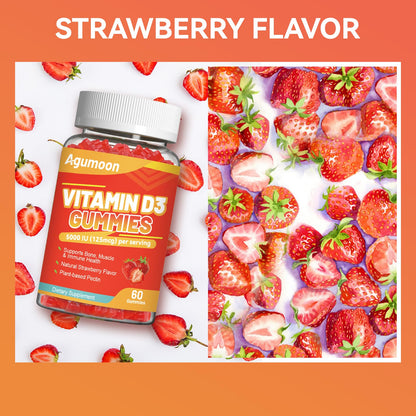 Agumoon Vitamin D3 5000 IU Gummies – Immune, Bone & Muscle Support | 60 Count Strawberry