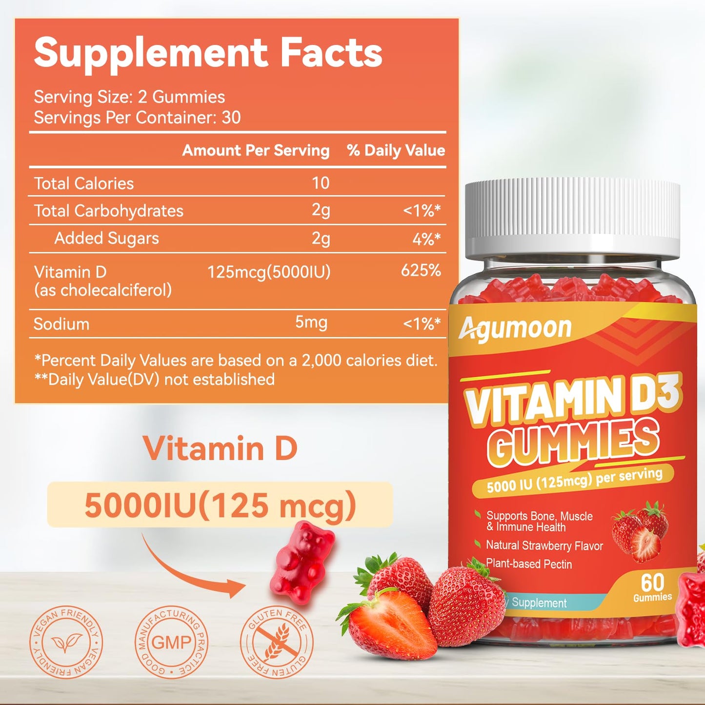 Agumoon Vitamin D3 5000 IU Gummies – Immune, Bone & Muscle Support | 60 Count Strawberry