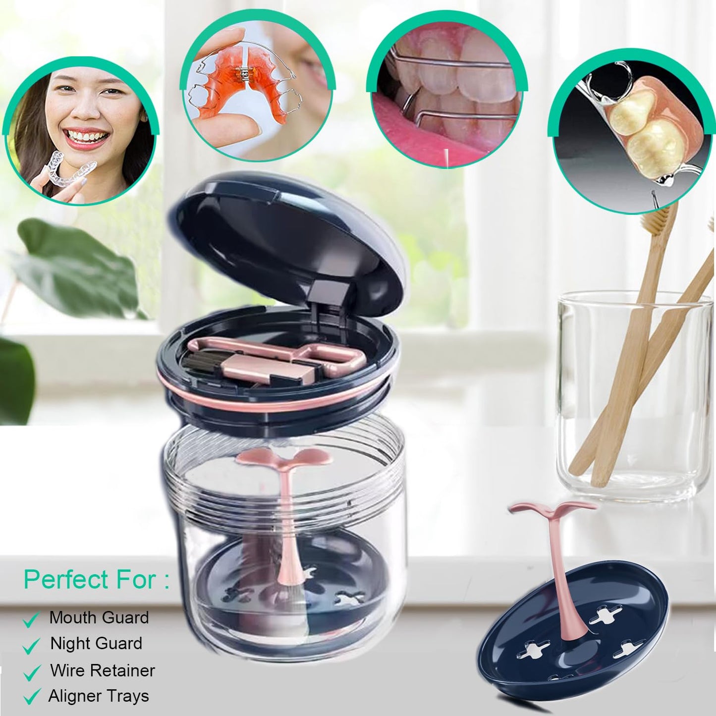 Aidarmoll Retainer Case – Denture Bath Cup with Drain Tray & Mirror