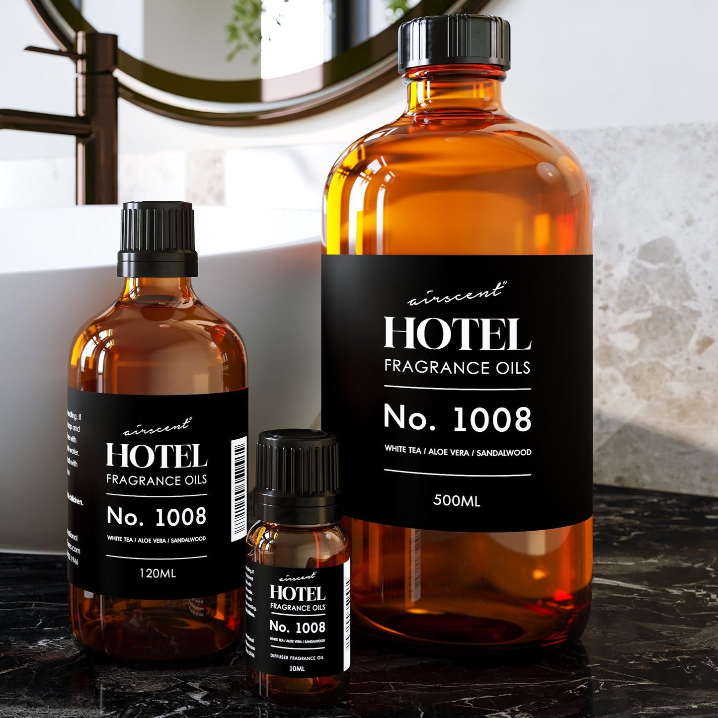 AirScent Hotel Diffuser Oil No. 1008 - White Tea, Aloe Vera & Sandalwood - 500 mL Glass Bottle