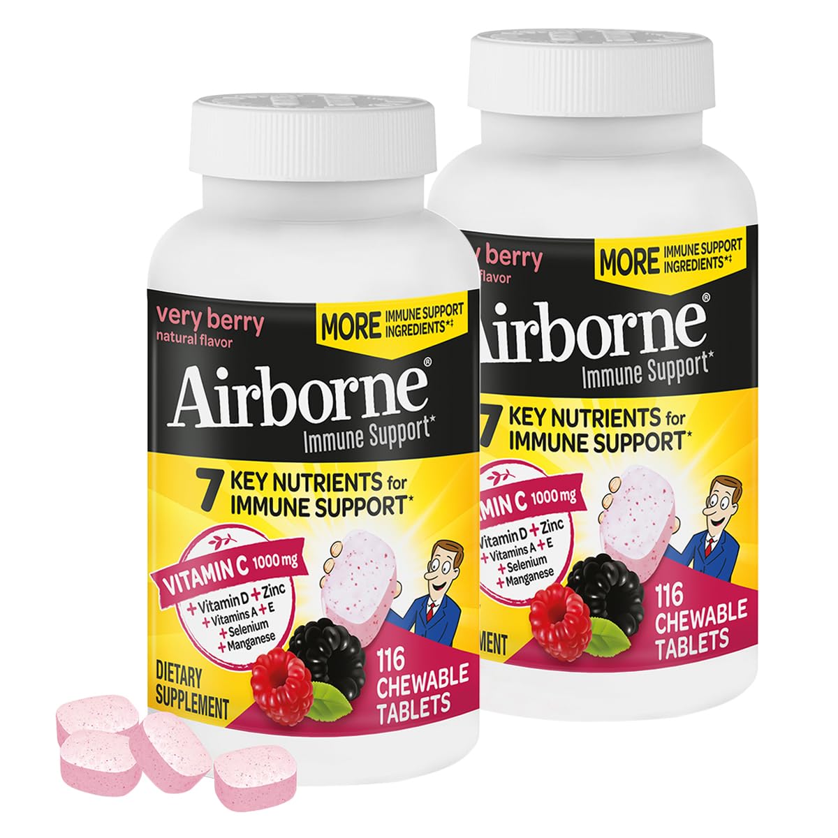 Airborne 1000mg Vitamin C + Zinc Immune Support Chewables – Very Berry, 116 Tablets (2 Pack)