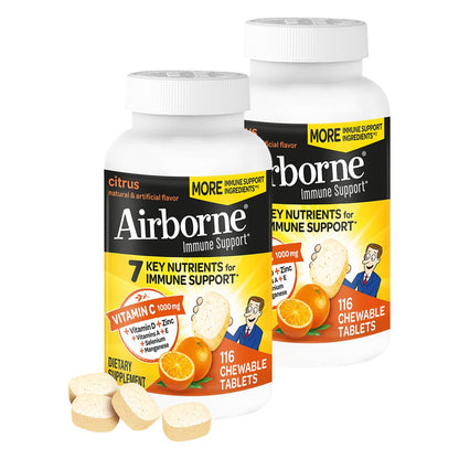 Airborne 1000mg Vitamin C + Zinc Immune Support Chewable Tablets – Citrus, 2 Pack (116 Tablets)
