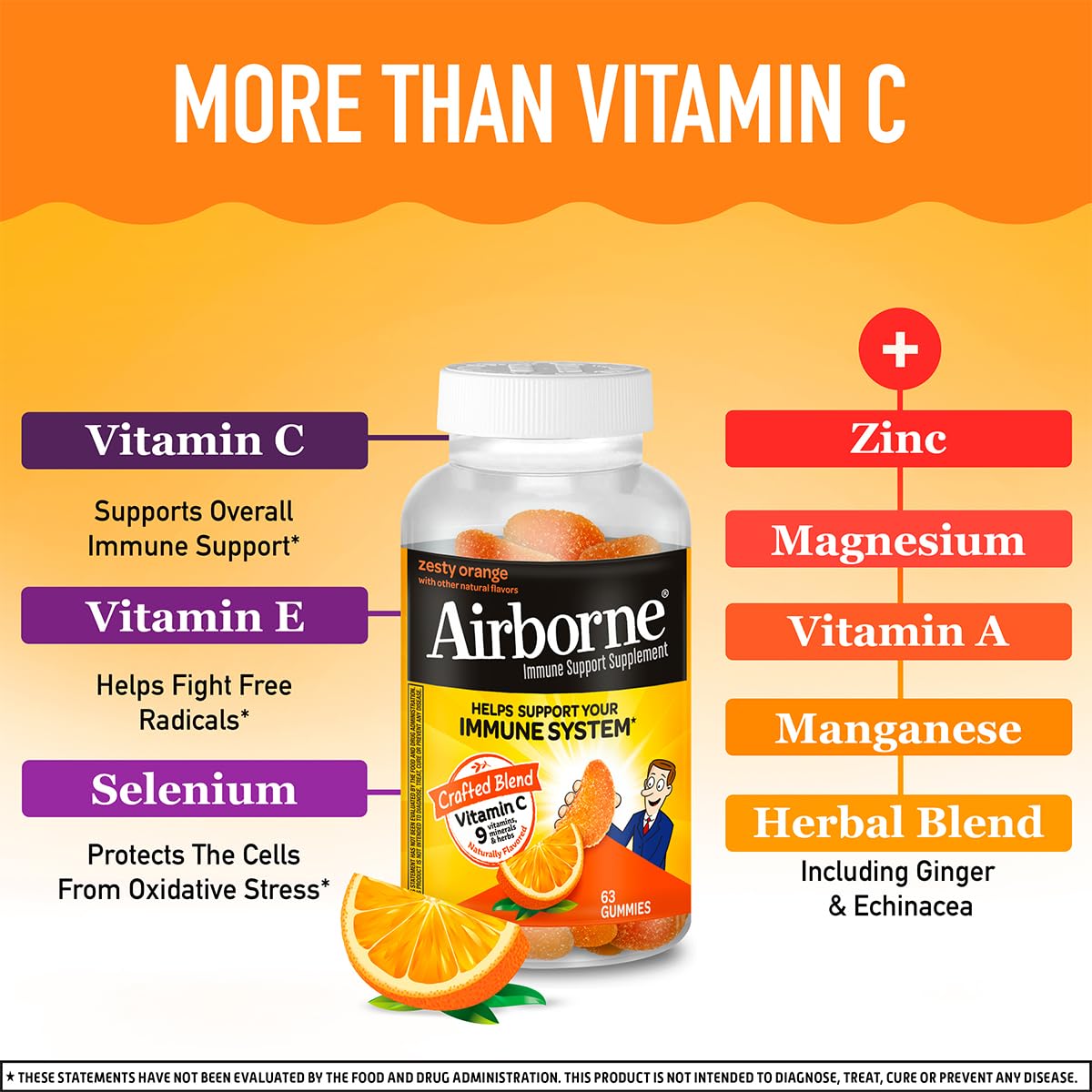 Airborne 750mg Vitamin C Gummies – Immune Support, Zesty Orange, Gluten Free (63 Gummies, 4 Pack)
