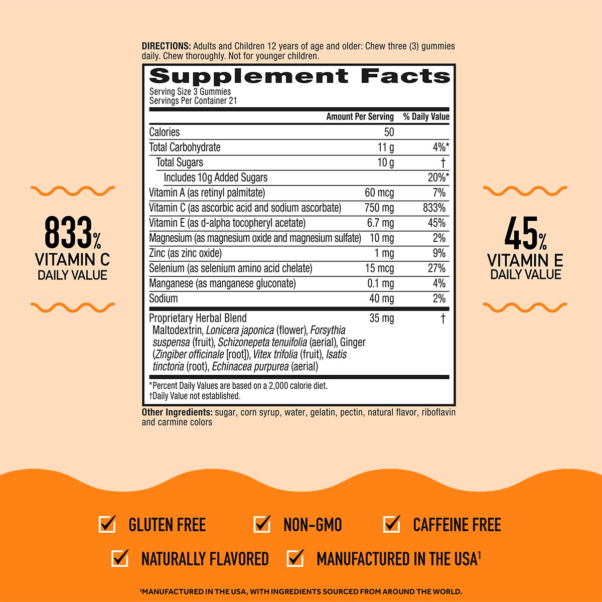 Airborne 750mg Vitamin C Gummies – Immune Support, Zesty Orange, Gluten Free (63 Gummies, 4 Pack)