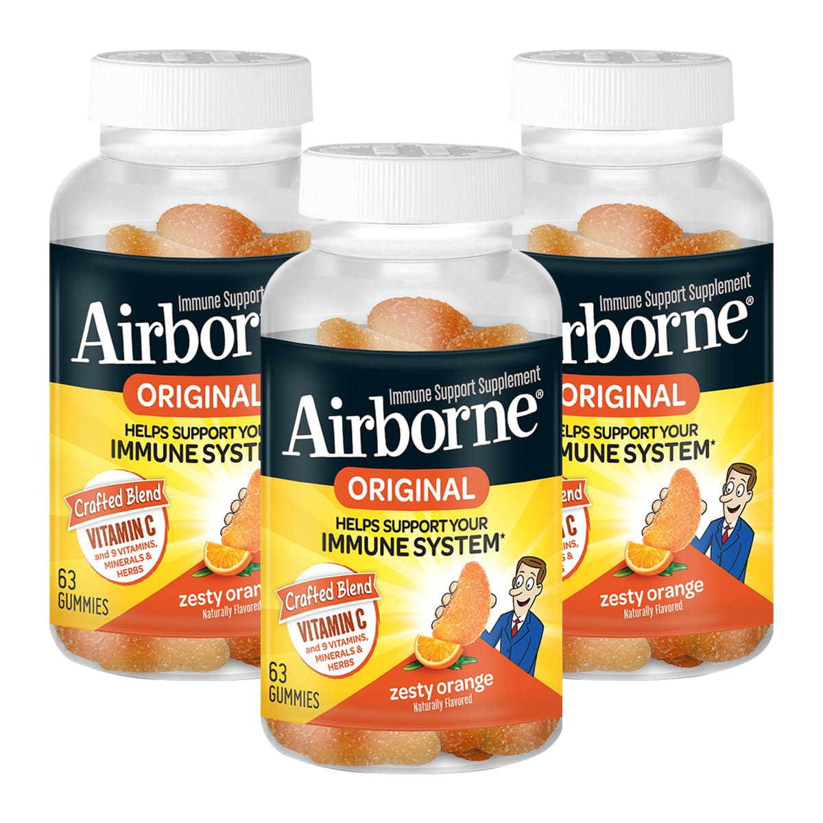 Airborne 750mg Vitamin C Immune Support Gummies – Zesty Orange, Gluten Free | 63 Gummies (3-Pack)