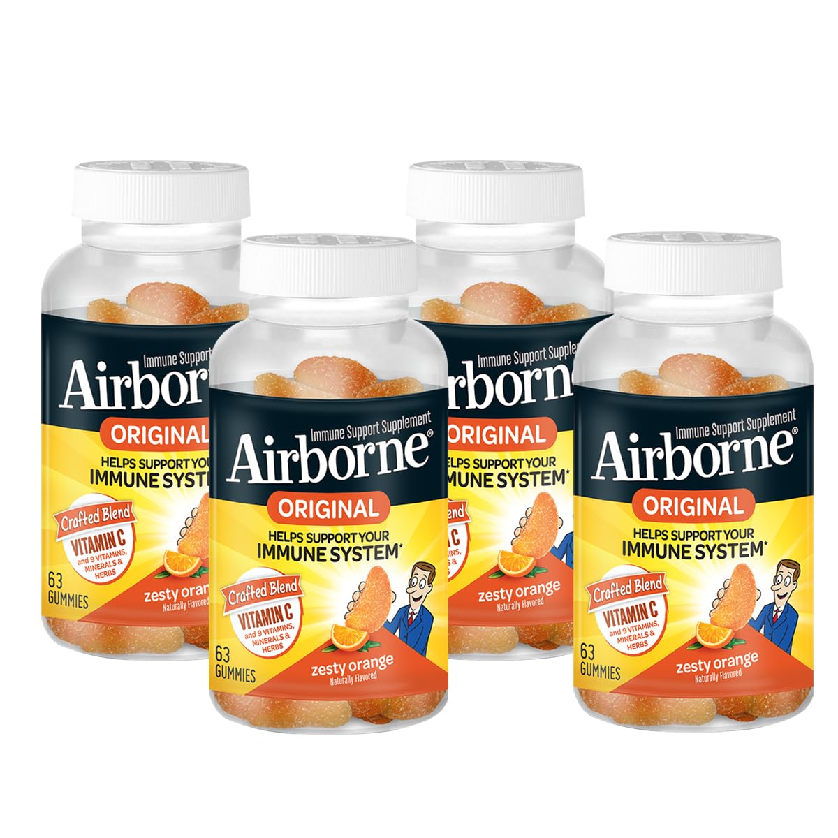 Airborne 750mg Vitamin C Gummies – Immune Support, Zesty Orange, Gluten Free (63 Gummies, 4 Pack)