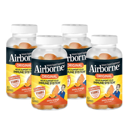 Airborne 750mg Vitamin C Gummies – Immune Support, Zesty Orange, Gluten Free (63 Gummies, 4 Pack)