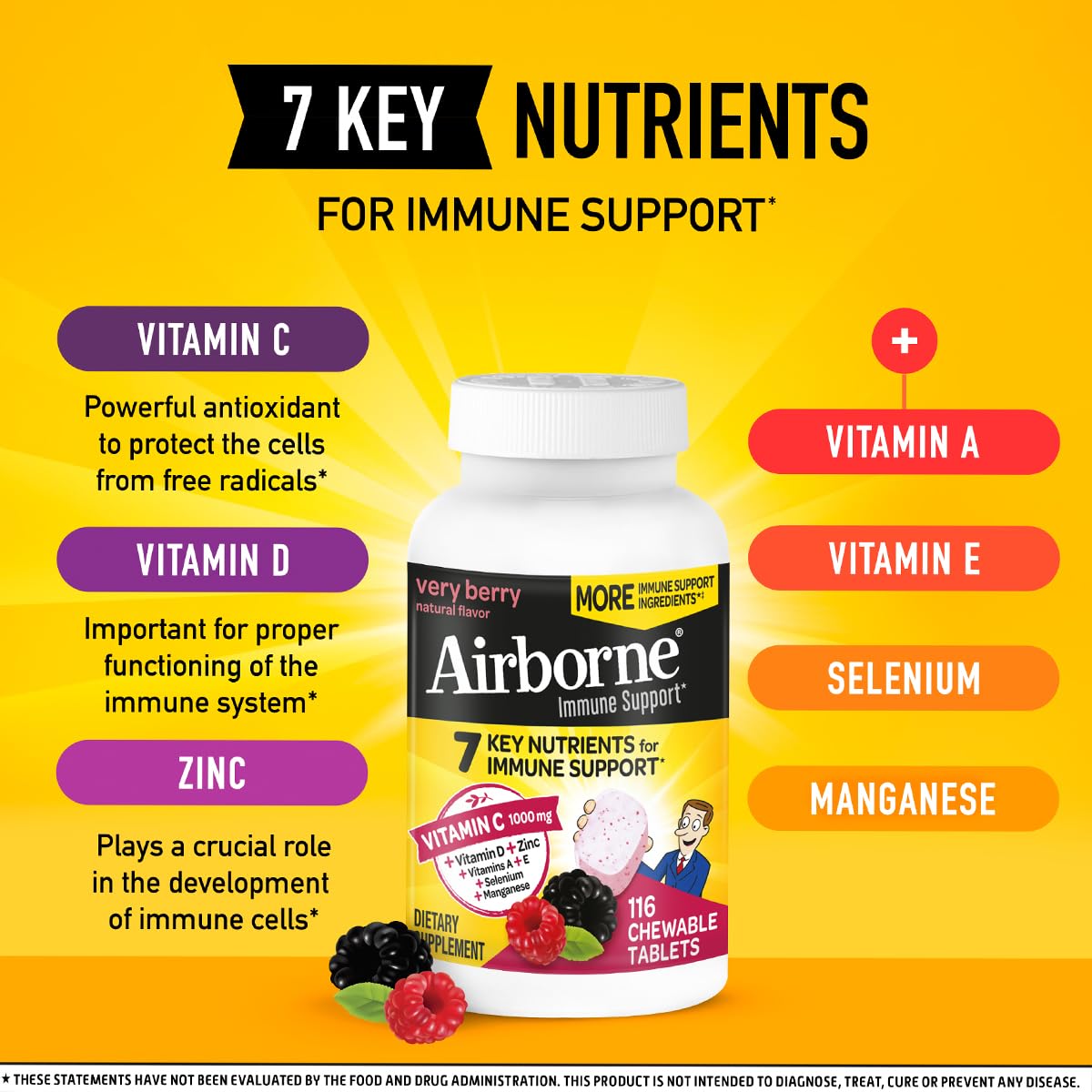 Airborne 1000mg Vitamin C + Zinc Immune Support Chewables – Very Berry, 116 Tablets (2 Pack)