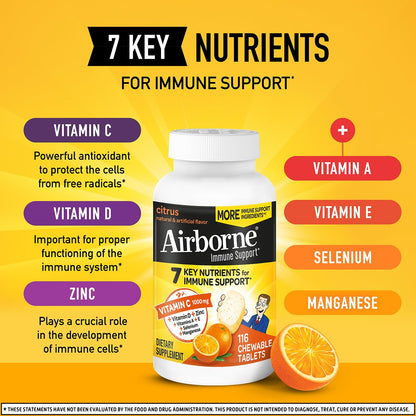 Airborne 1000mg Vitamin C + Zinc Immune Support Chewable Tablets – Citrus, 2 Pack (116 Tablets)