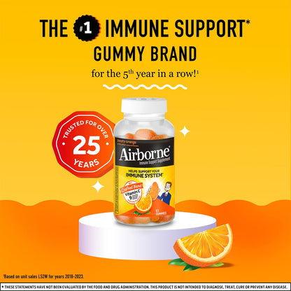 Airborne 750mg Vitamin C Immune Support Gummies – Zesty Orange, Gluten Free | 63 Gummies (3-Pack)