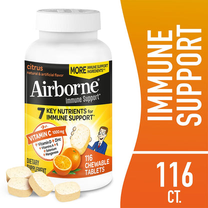 Airborne 1000mg Vitamin C + Zinc Immune Support Chewable Tablets – Citrus, 2 Pack (116 Tablets)
