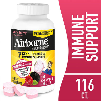 Airborne 1000mg Vitamin C + Zinc Immune Support Chewables – Very Berry, 116 Tablets (2 Pack)