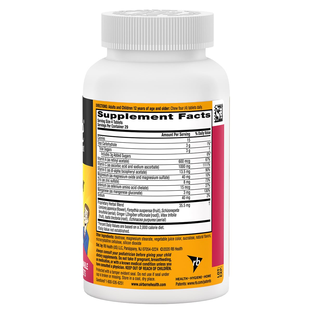 Airborne 1000mg Vitamin C + Zinc Immune Support Chewables – Very Berry, 116 Tablets (2 Pack)