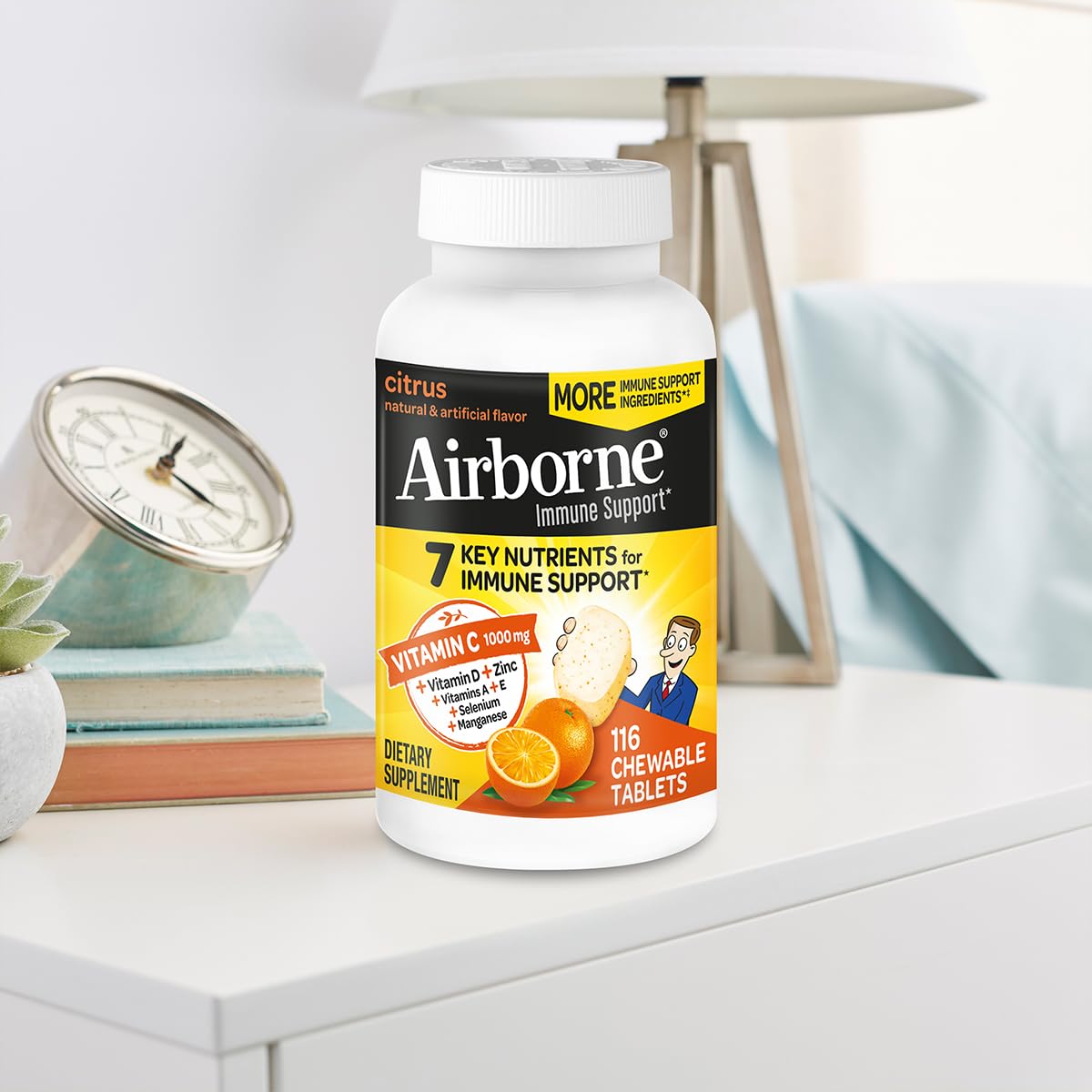 Airborne 1000mg Vitamin C + Zinc Immune Support Chewable Tablets – Citrus, 2 Pack (116 Tablets)