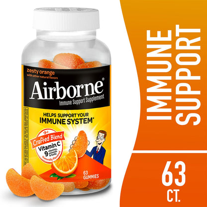 Airborne 750mg Vitamin C Immune Support Gummies – Zesty Orange, Gluten Free | 63 Gummies (3-Pack)