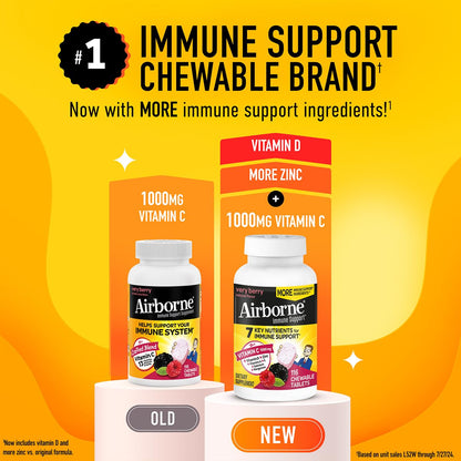 Airborne 1000mg Vitamin C + Zinc Immune Support Chewables – Very Berry, 116 Tablets (2 Pack)