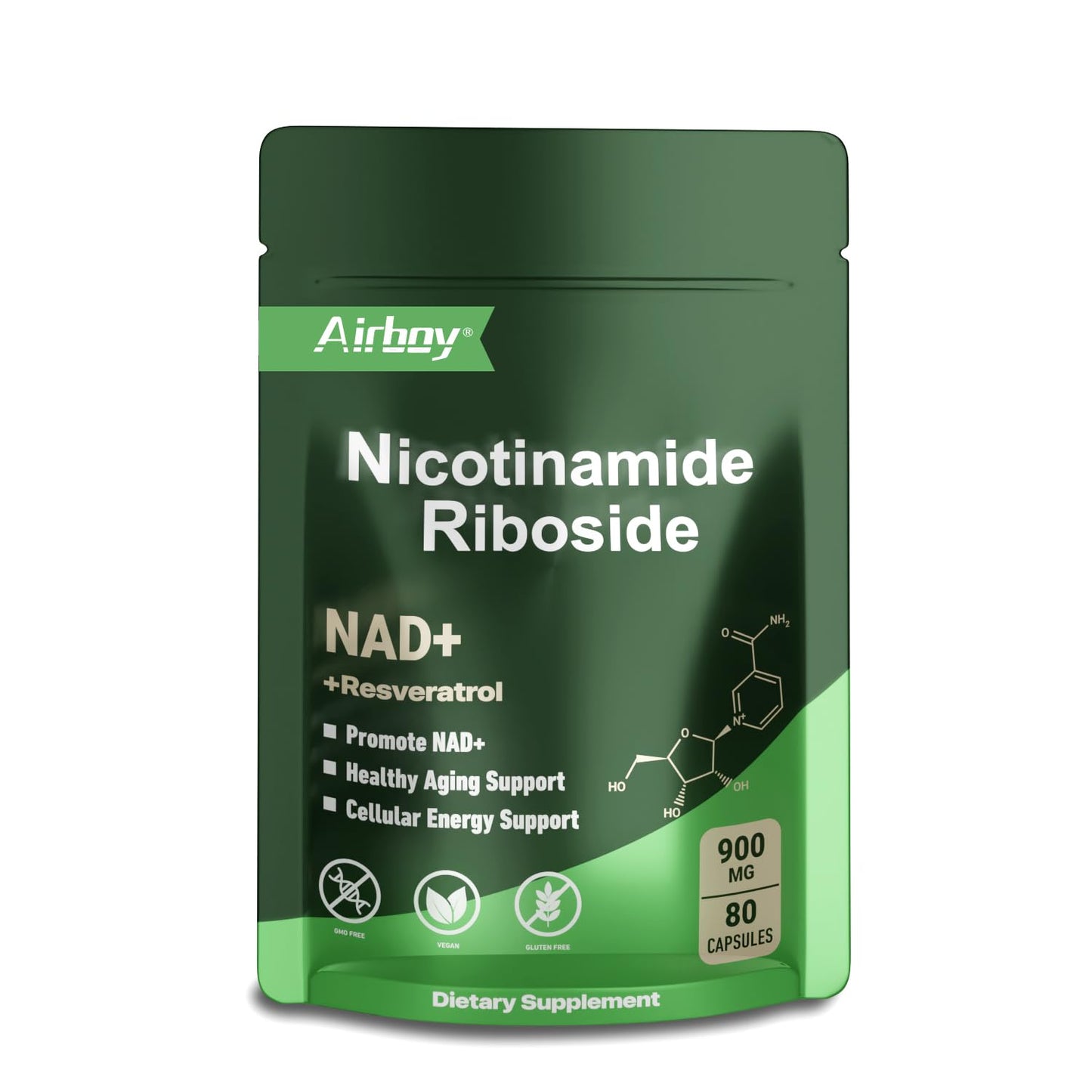 Airboy NAD Supplement with Nicotinamide Riboside, Resveratrol & Quercetin - 900 mg NMNH Alternative, 80 Capsules