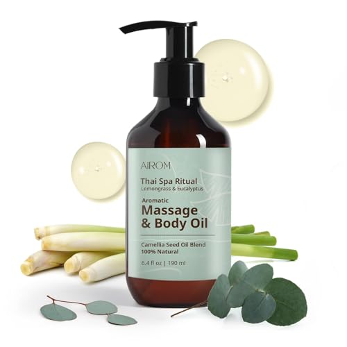AiROM Lemongrass & Eucalyptus Massage Oil – Thai Spa Ritual (6.4 oz) – Non-Greasy, Nut-Free, Hypoallergenic