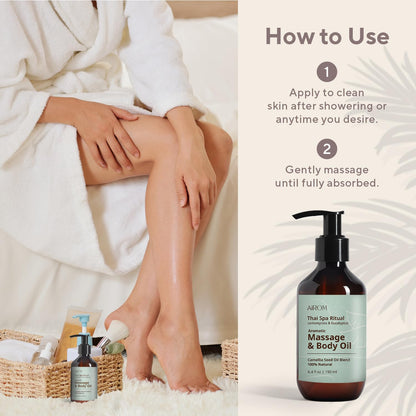 AiROM Lemongrass & Eucalyptus Massage Oil – Thai Spa Ritual (6.4 oz) – Non-Greasy, Nut-Free, Hypoallergenic