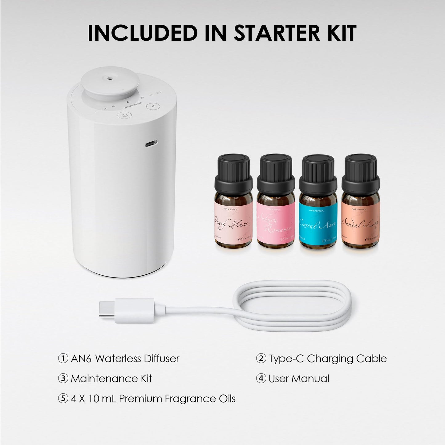 Airversa Waterless Diffuser Starter Kit AN6 White - 4 x 10mL Fragrance Oils