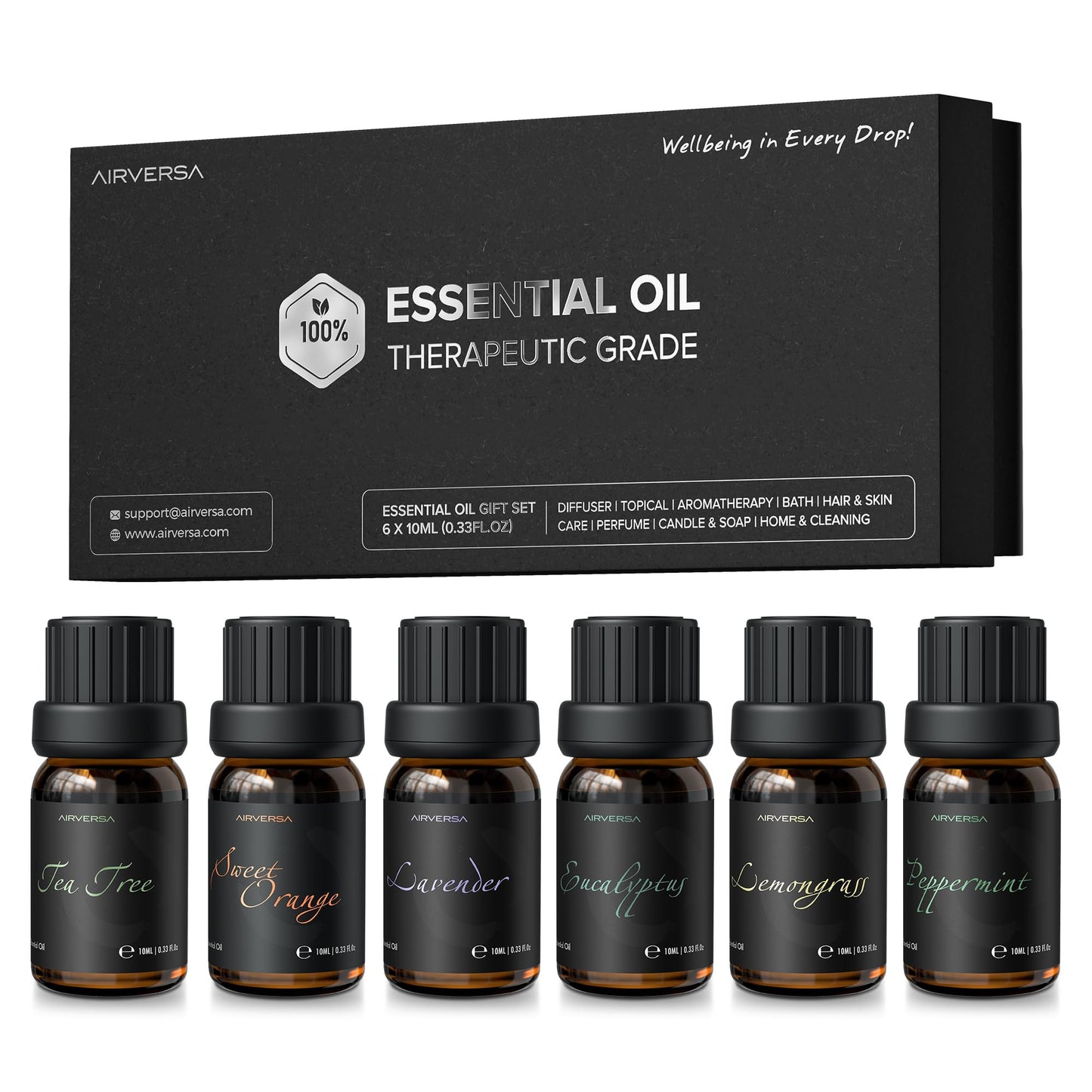 Airversa Top 6 Aromatherapy Oils Set – 6x10mL (Eucalyptus, Lavender, Lemongrass, Sweet Orange, Peppermint, Tea Tree)