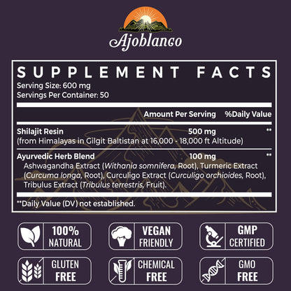 Ajoblanco 600mg Himalayan Shilajit Resin - Organic Ayurvedic Energy