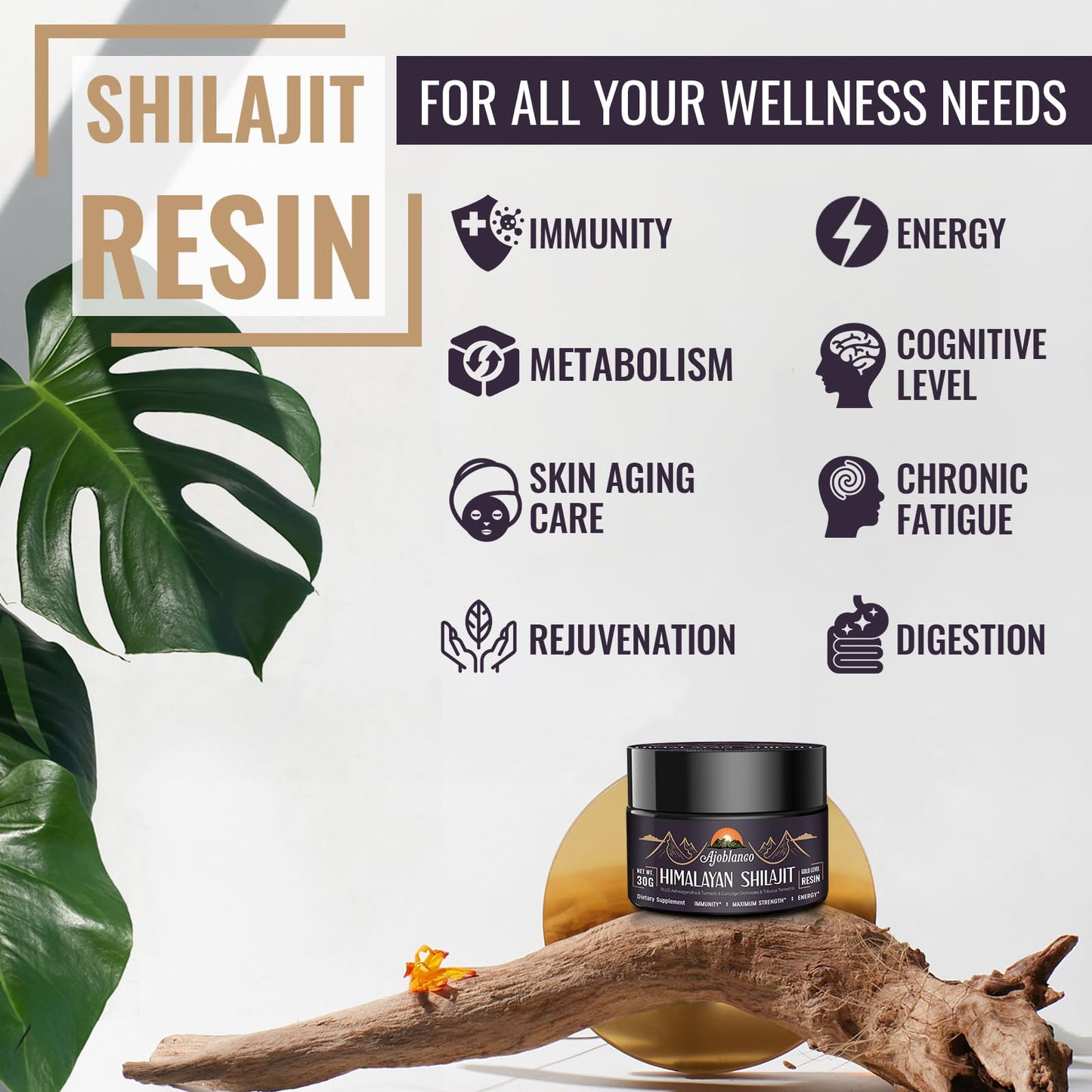 Ajoblanco 600mg Himalayan Shilajit Resin – Organic Ayurvedic Blend, Pack of 2 for Energy & Immunity