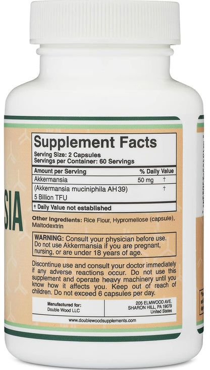 Double Wood Akkermansia Probiotic + Postbiotic – 120 Capsules, GLP-1 Boost (5B TFU/Serving)