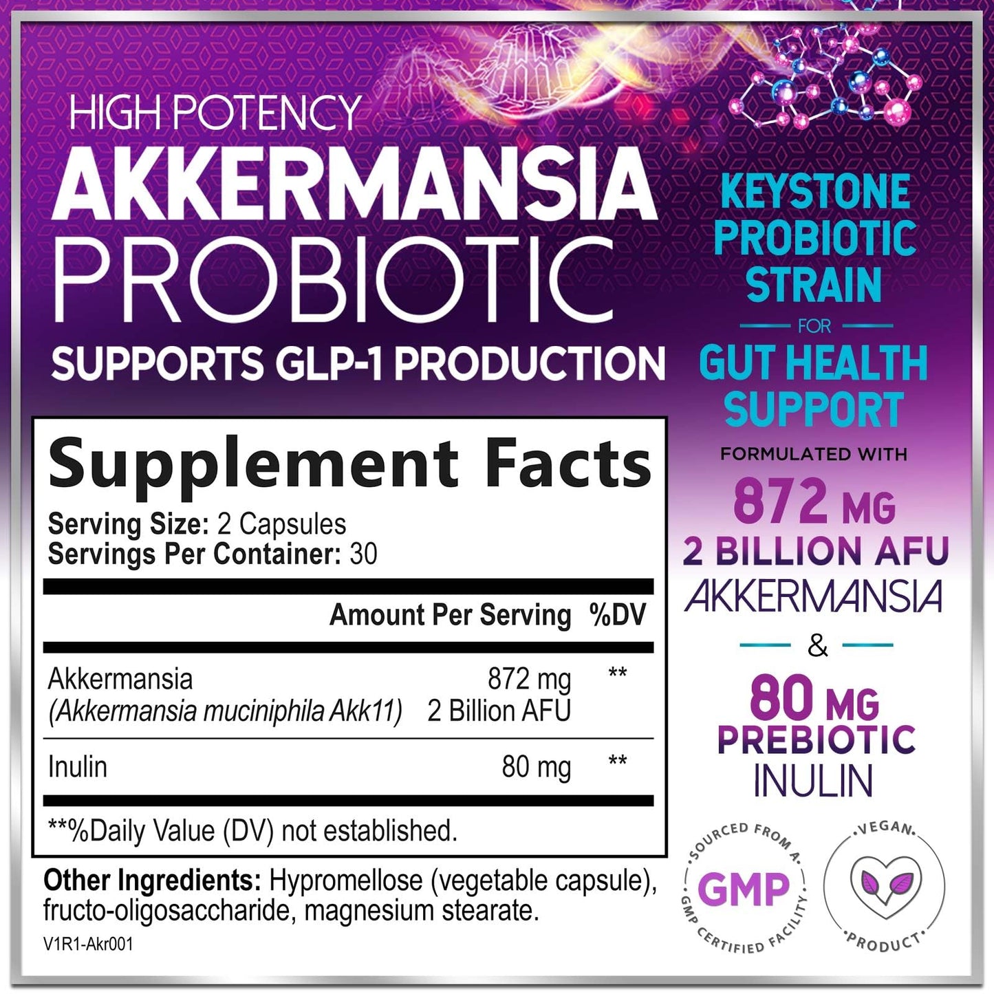 Akkermansia Probiotic 2B AFU – GLP-1 Support with Prebiotic Fiber – 60 Capsules | Made in USA